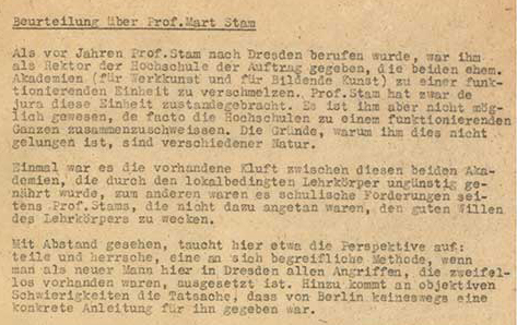 Beurteilung von Prof. Fritz Dähn über Prof. Mart Stam vom 17. Mai 1951