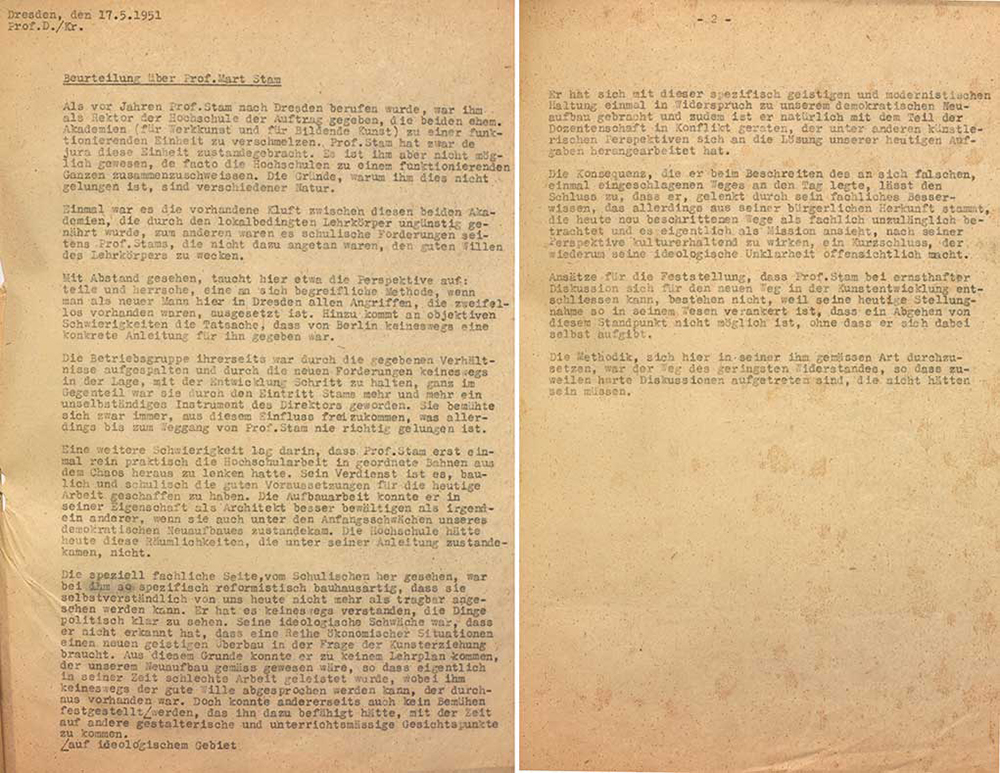 Akte: Beurteilung von Prof. Fritz Dähn über Prof. Mart Stam vom 17. Mai 1951