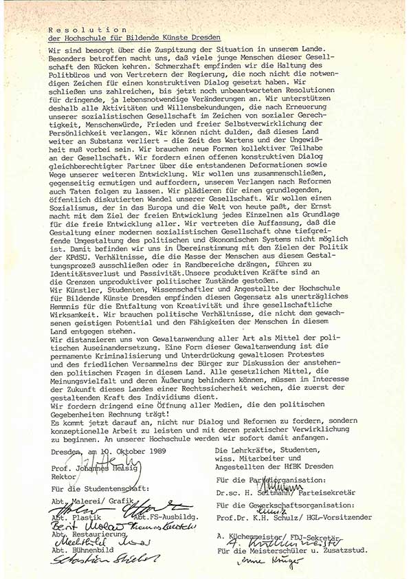 „Resolution der Hochschule für Bildende Künste Dresden“ vom 10. Oktober 1989 zu den politischen Verhältnissen in der DDR, Rektor Prof. Johannes Heisig