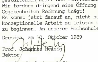 Auszug aus der „Resolution der Hochschule für Bildende Künste Dresden“ vom 10. Oktober 1989 zu den politischen Verhältnissen in der DDR, Rektor Prof. Johannes Heisig