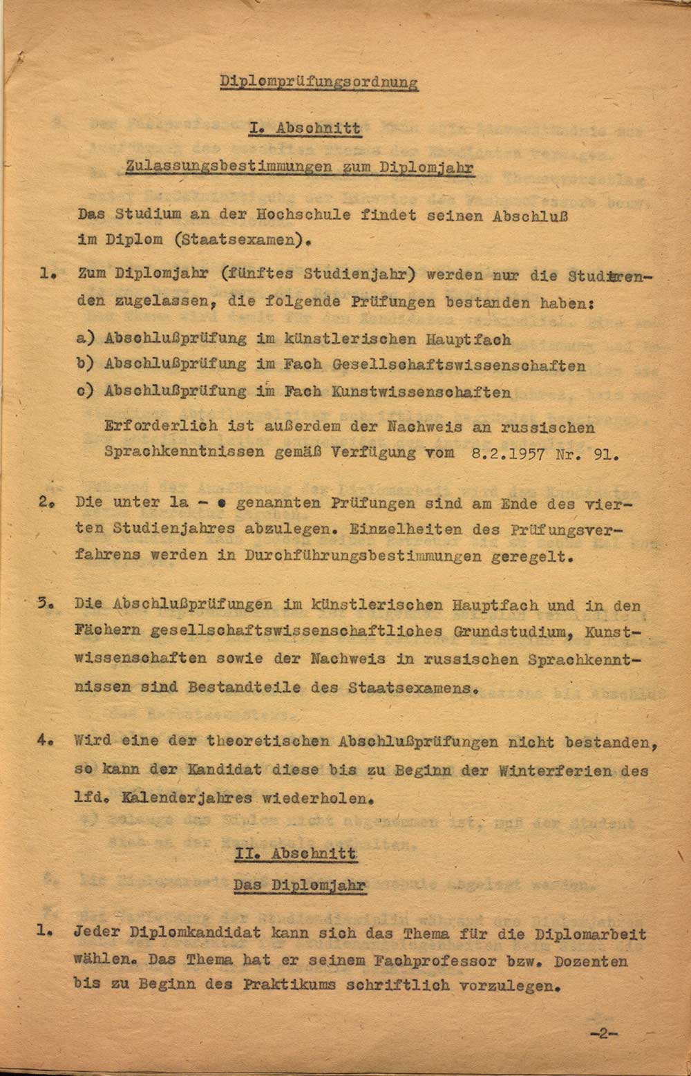 Diplomprüfungsordnung der Hochschule für Bildende Künste Dresden vom 01.05.1958 Archiv HfBK Dresden, 05/EA/112, unpag. (1)
