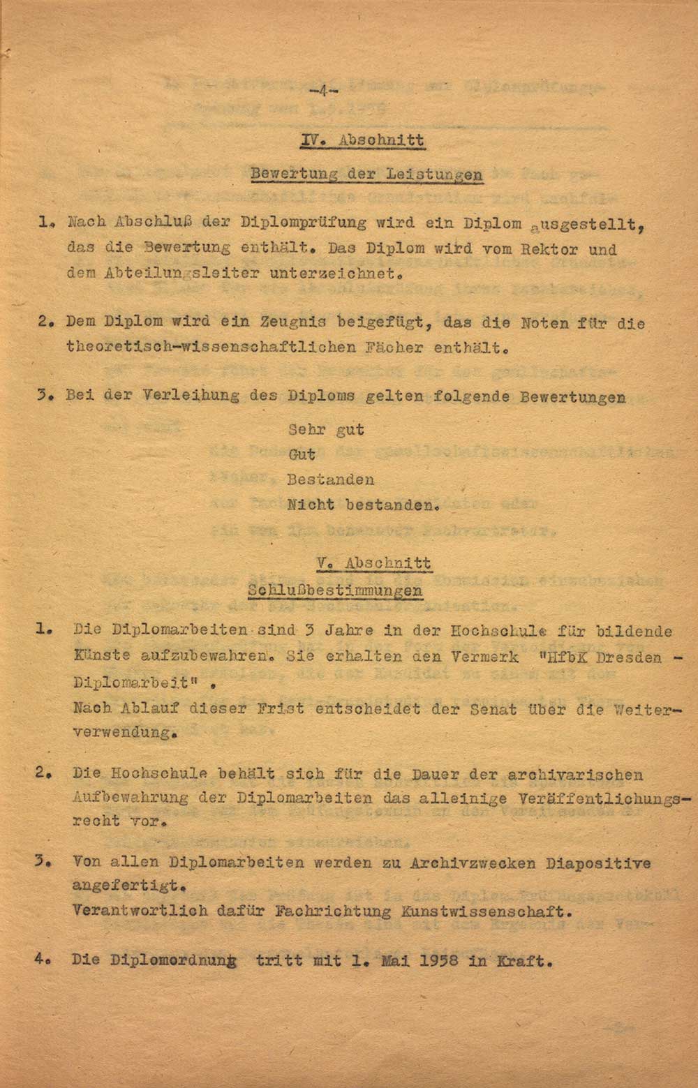 Diplomprüfungsordnung der Hochschule für Bildende Künste Dresden vom 01.05.1958 Archiv HfBK Dresden, 05/EA/112, unpag. (4)